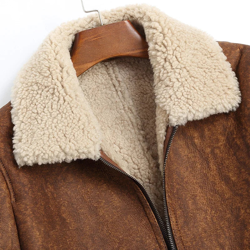 Men's Real Sheepskin Solid Pattern Turn-down Collar Slim Winter Coat