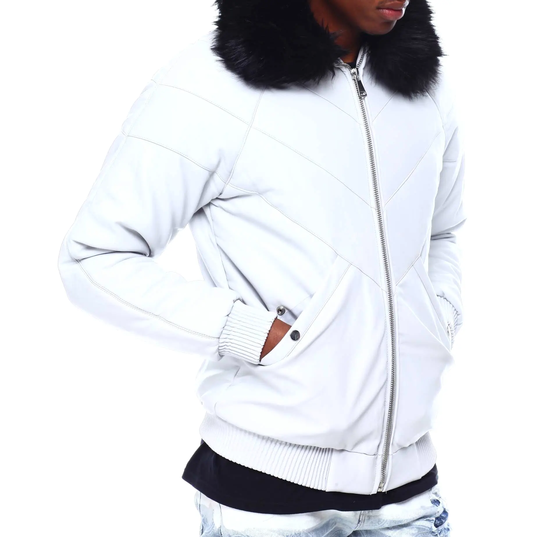 Men's removable faux fur collar pu leather jacket