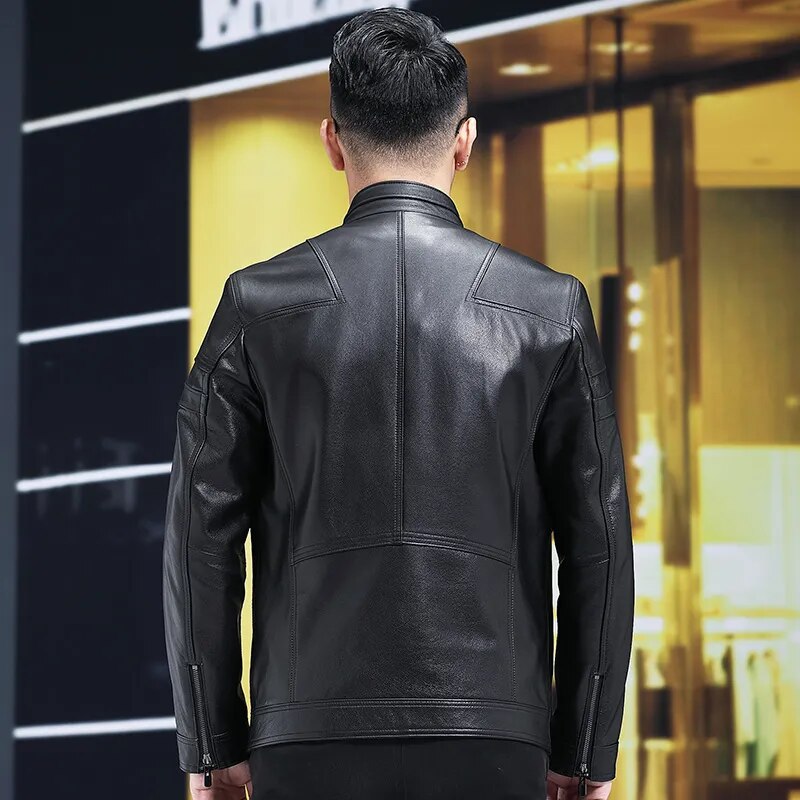 Men's Solid Cowhide Stand Collar Slim Zipper Motorcycle Street Jacket