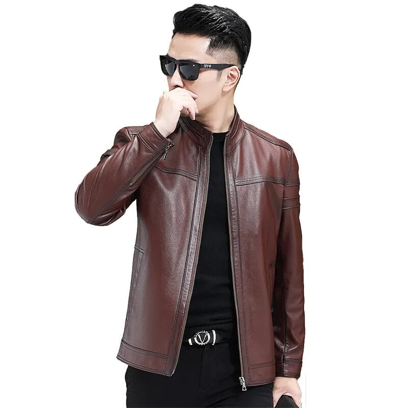 Men's Solid Cowhide Stand Collar Slim Zipper Motorcycle Street Jacket