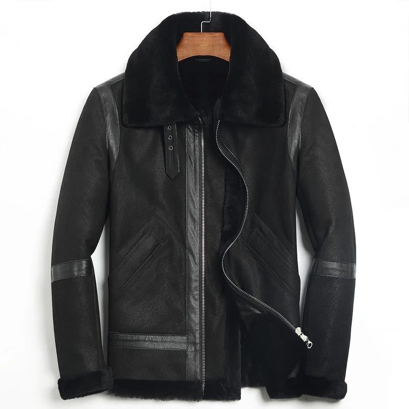 Men's Winter Real Sheepskin Turn-down Collar Motorcycle Jacket