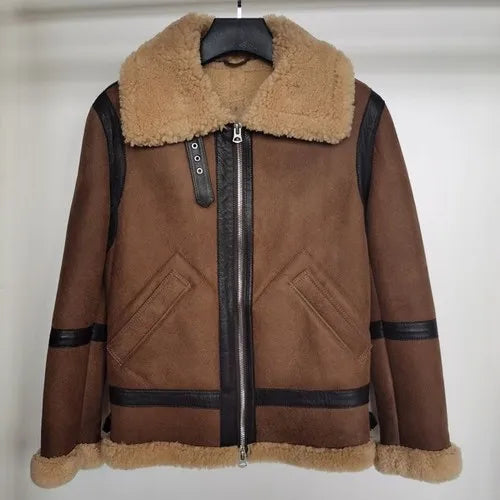 Men's Winter Real Sheepskin Turn-down Collar Motorcycle Jacket