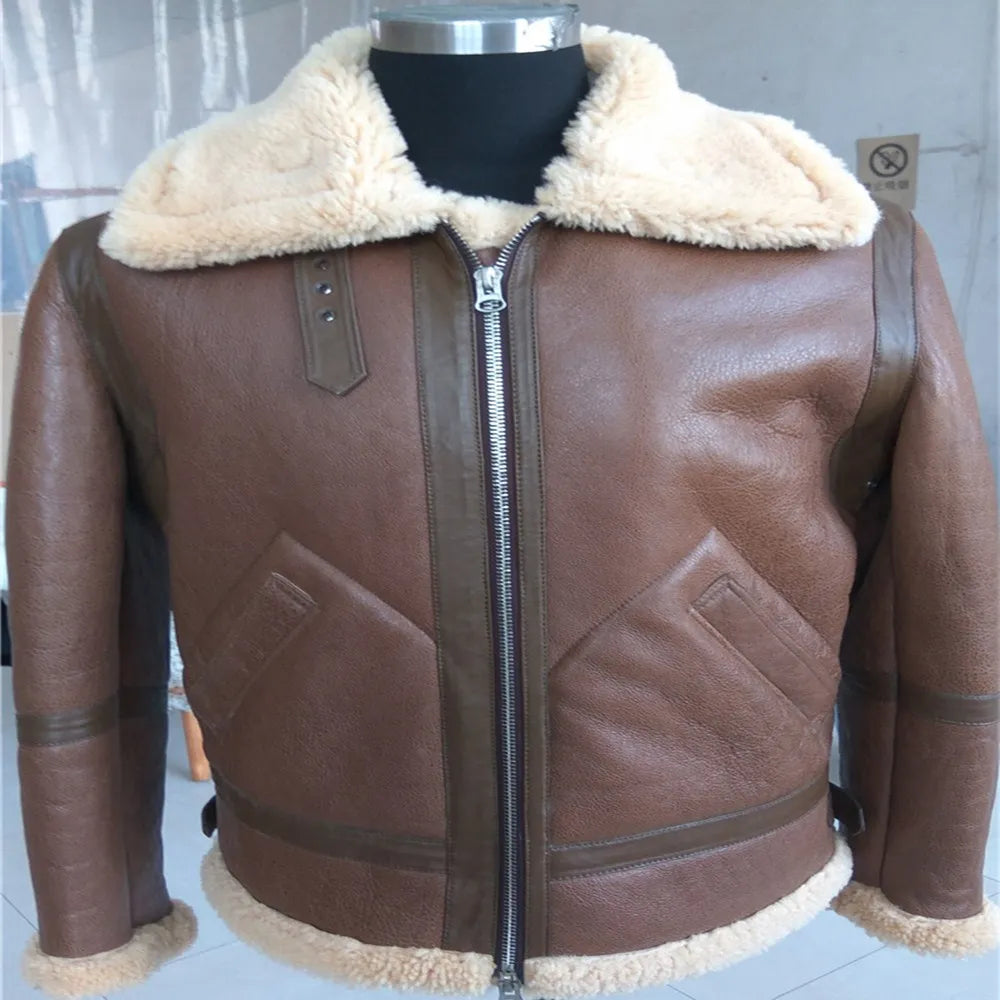 Men's Winter Real Sheepskin Turn-down Collar Motorcycle Jacket