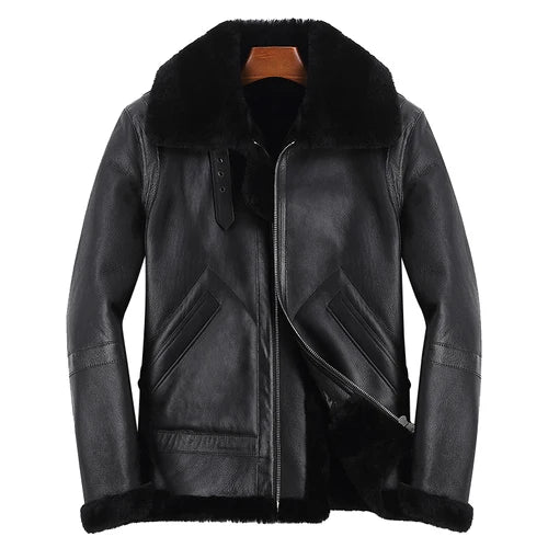 Men's Winter Real Sheepskin Turn-down Collar Motorcycle Jacket