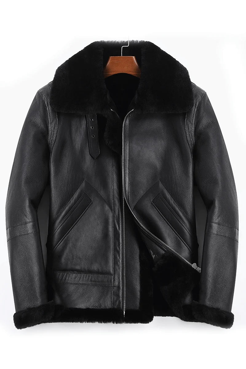 Men's Winter Real Sheepskin Turn-down Collar Motorcycle Jacket