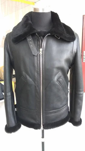 Men's Winter Real Sheepskin Turn-down Collar Motorcycle Jacket