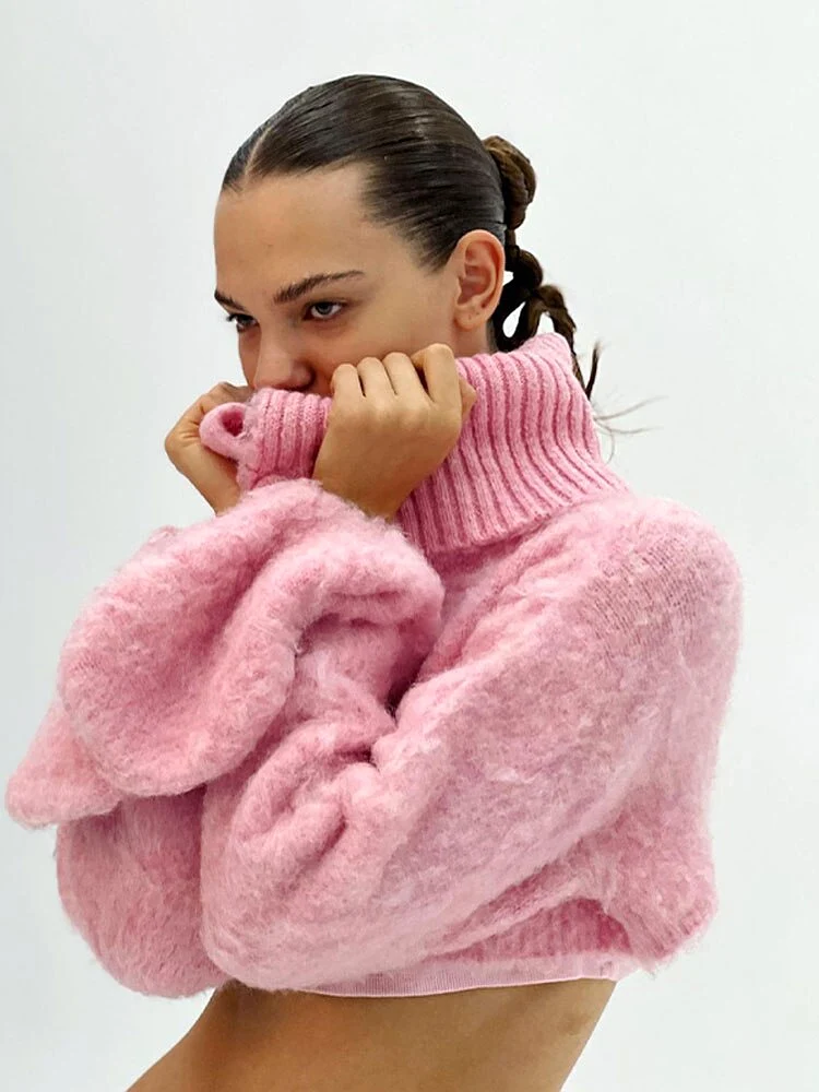 Mohair Sweaters Pink Hairy Cropped Coat Roll Neck Turtleneck Single Breasted Cardigans