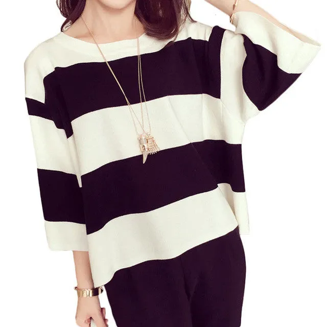 New Fashion Female Pullovers Knitted 3/4 Sleeve O-neck Autumn Patchwork Stripped Sweaters Hot  71226 SM6