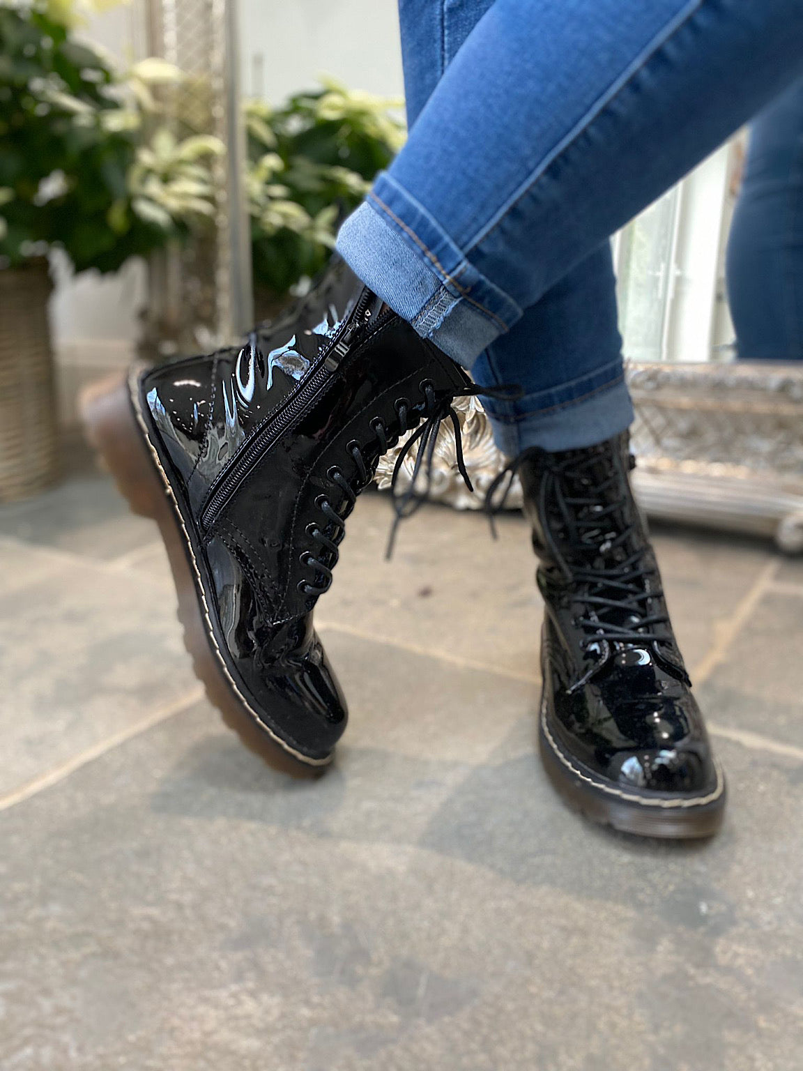 Patent Zip Combat Boots