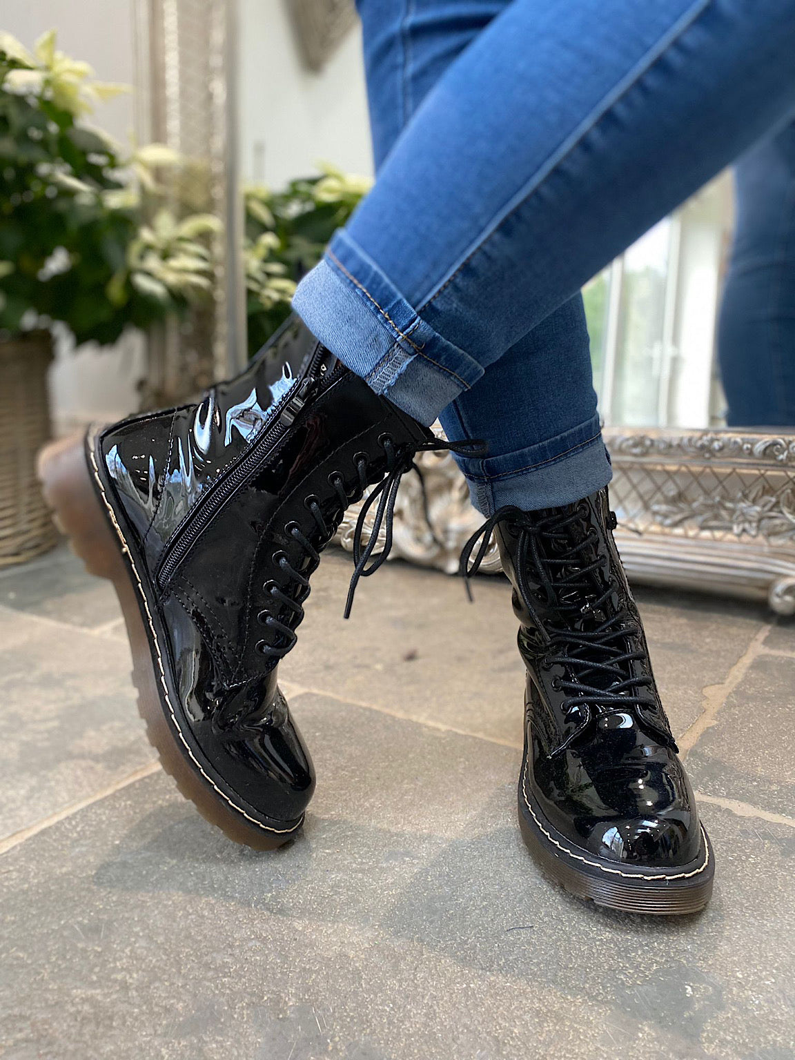 Patent Zip Combat Boots