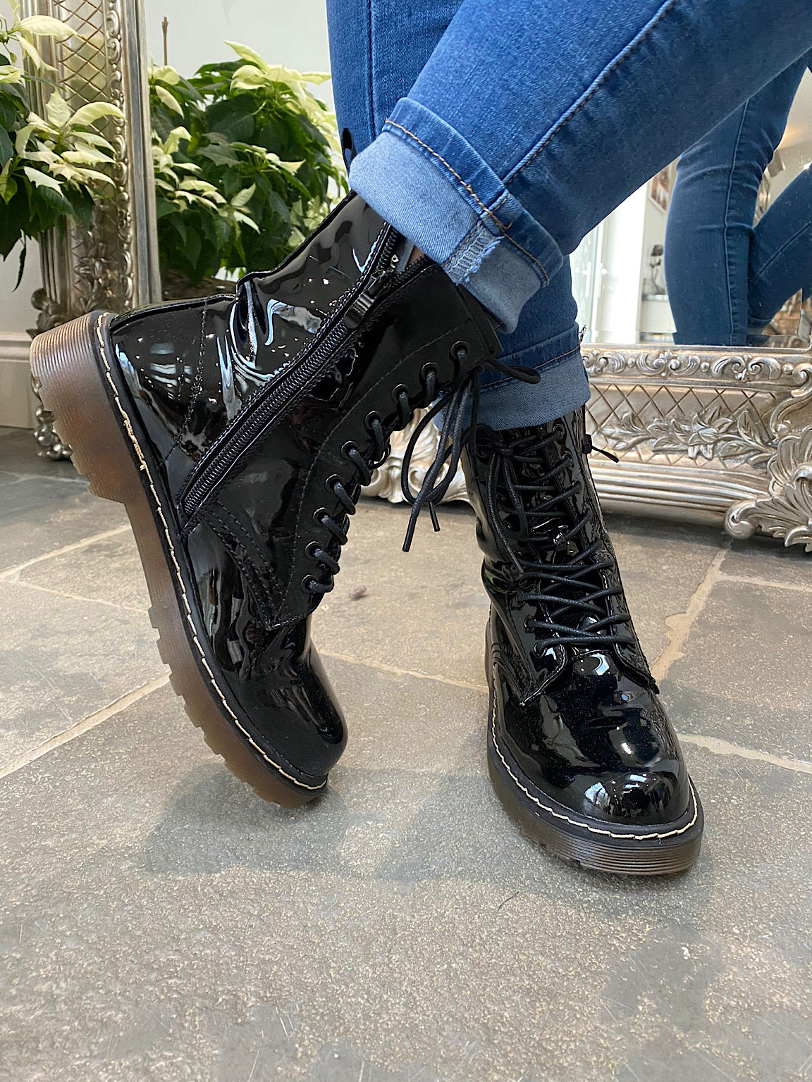 Patent Zip Combat Boots