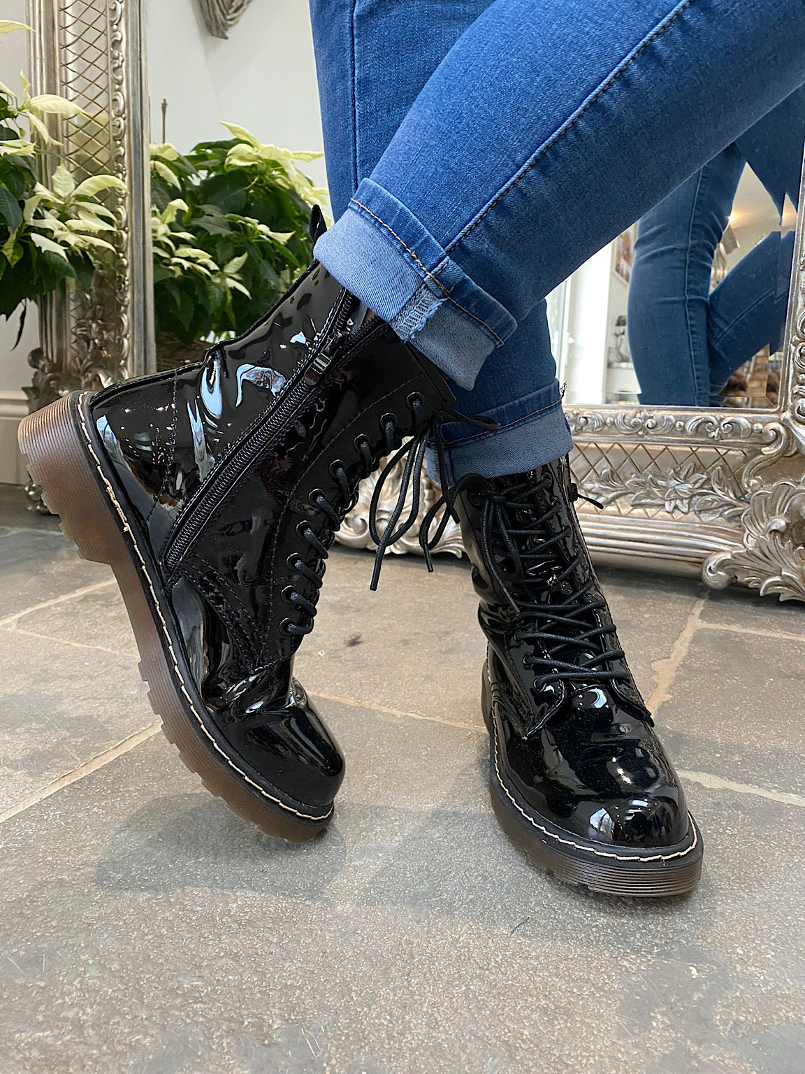 Patent Zip Combat Boots