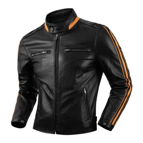 Pure Cowhide Leather Stand Collar Heavyweight Motorcycle Jacket for Men