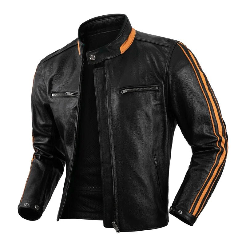 Pure Cowhide Leather Stand Collar Heavyweight Motorcycle Jacket for Men