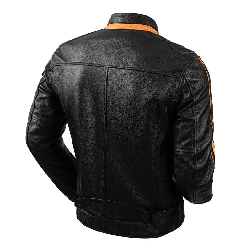 Pure Cowhide Leather Stand Collar Heavyweight Motorcycle Jacket for Men