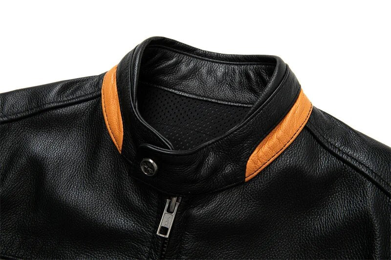 Pure Cowhide Leather Stand Collar Heavyweight Motorcycle Jacket for Men