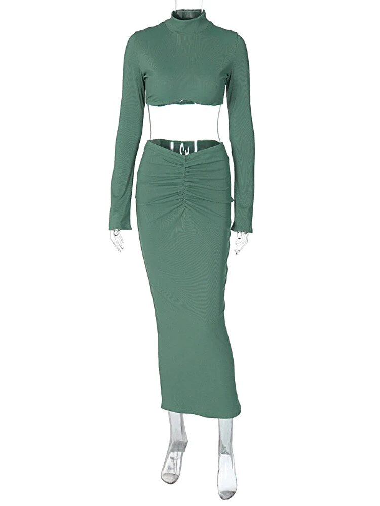 Ribbed Long Sleeve Crop Top And Long Skirt Women Outfits Solid Turtleneck Flare Sleeve Dress Set Female Two Piece Set