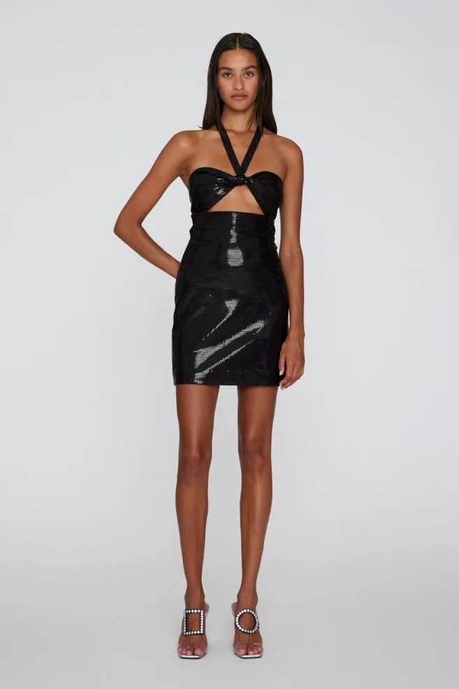 Rotate - Foil Jersey Mini Twisted Dress - Black