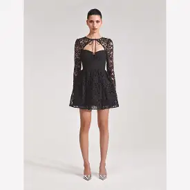 Self-Portrait - Black Lace Tie Neck Mini Dress - Black