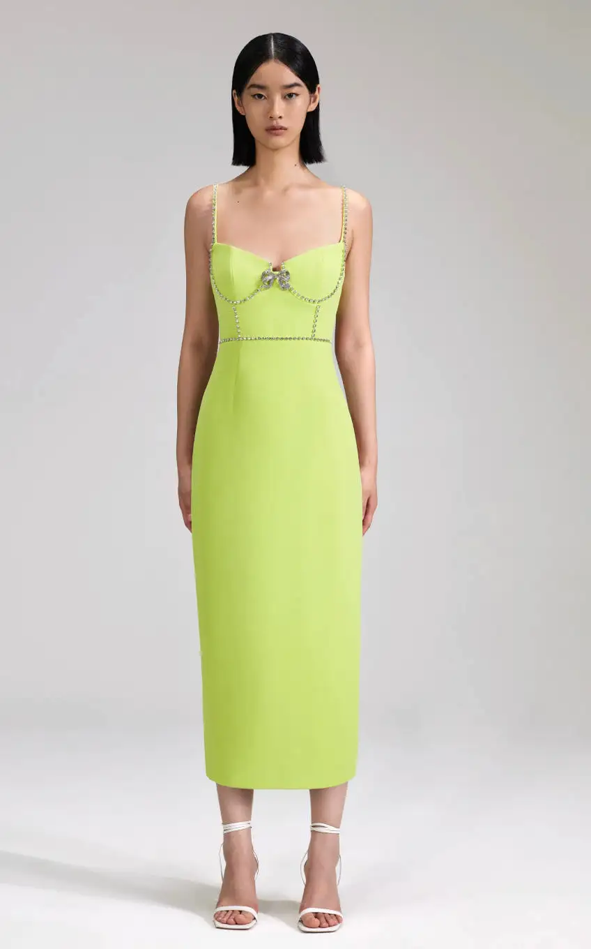 Self-Portrait - Lime Crepe Bow Midi Dress - Green