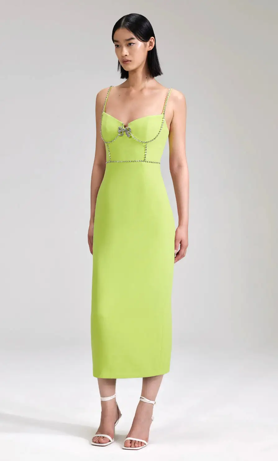 Self-Portrait - Lime Crepe Bow Midi Dress - Green