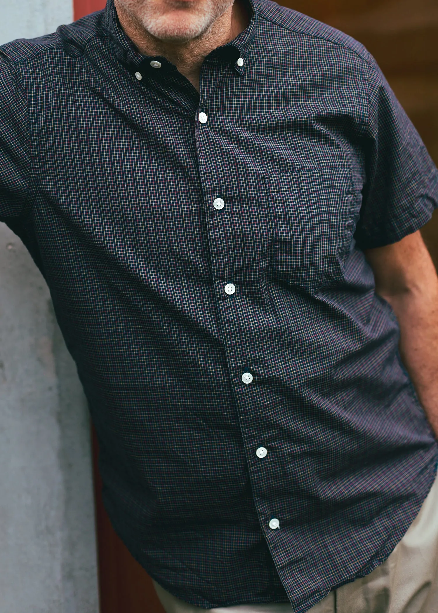 Short Sleeve Single Needle Shirt, Navy Micro Gingham