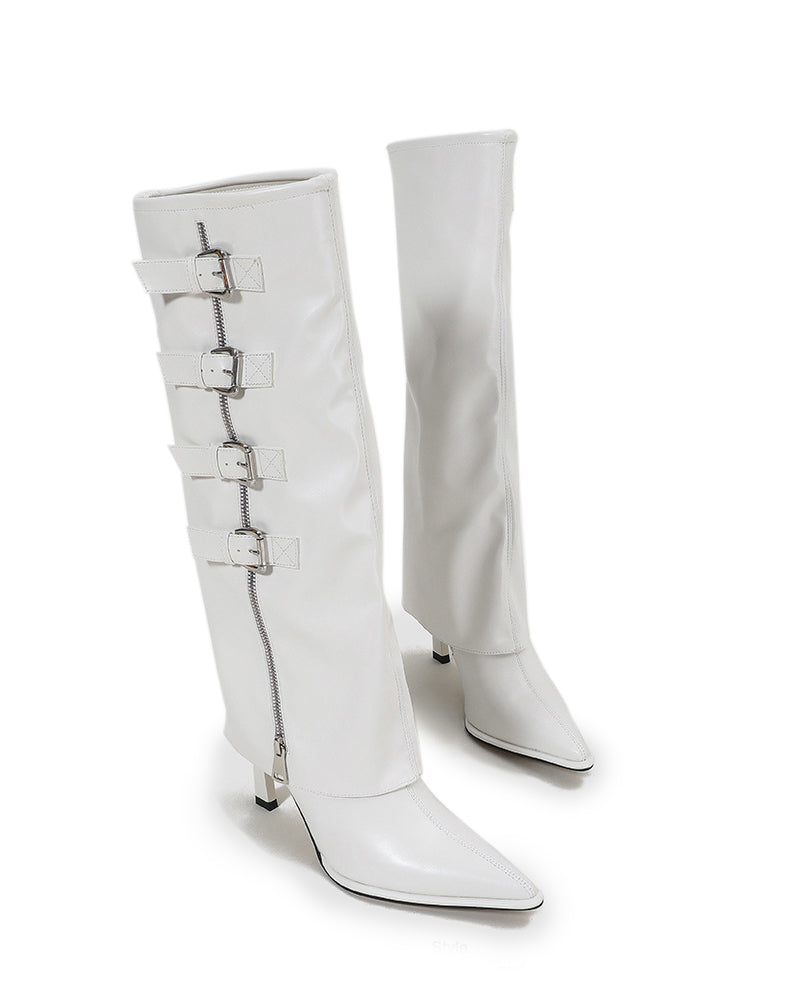 Side Zipper Knee High Fold Over Stiletto Heel Boots