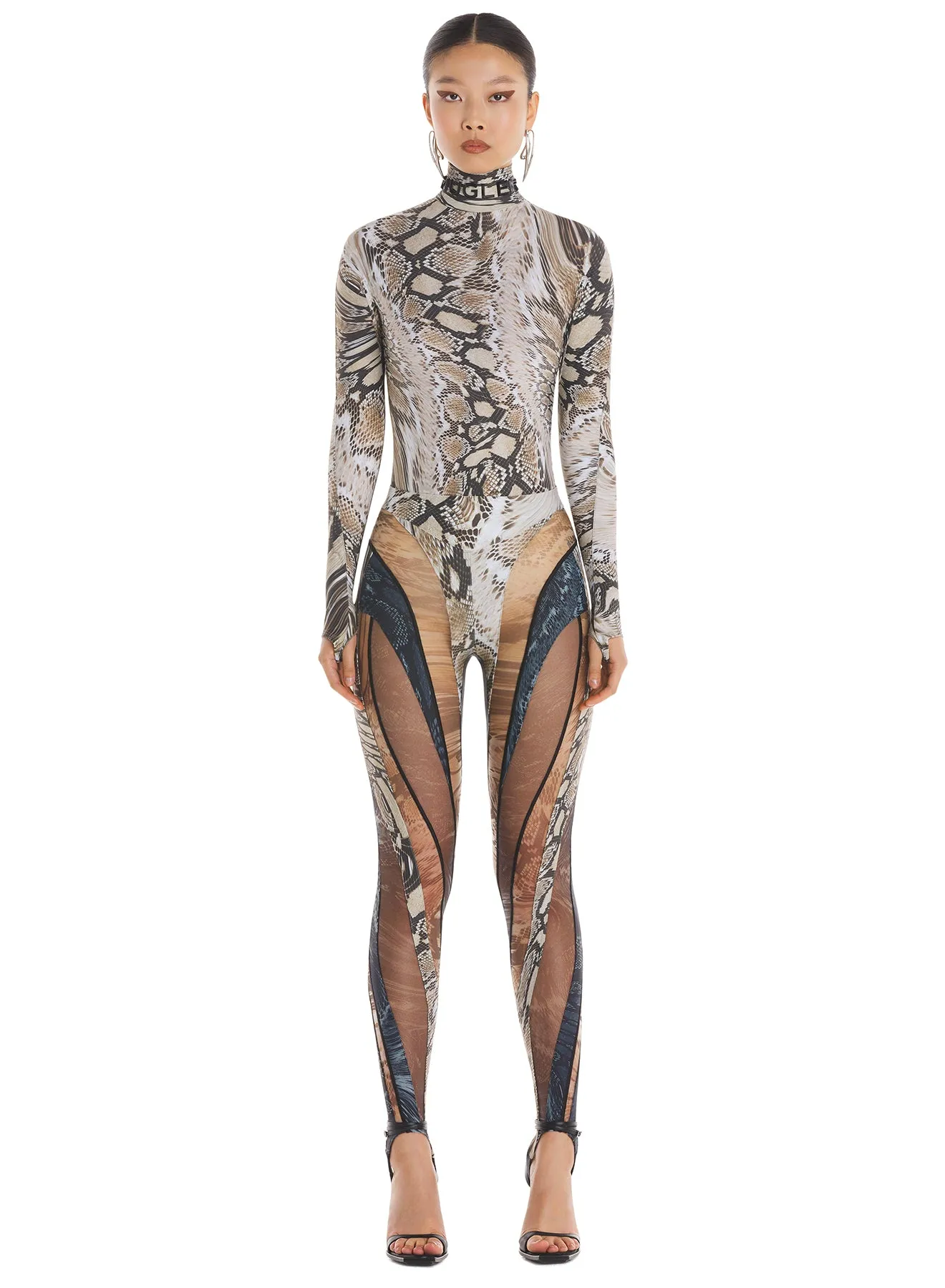 snake printed sheer spiral leggings