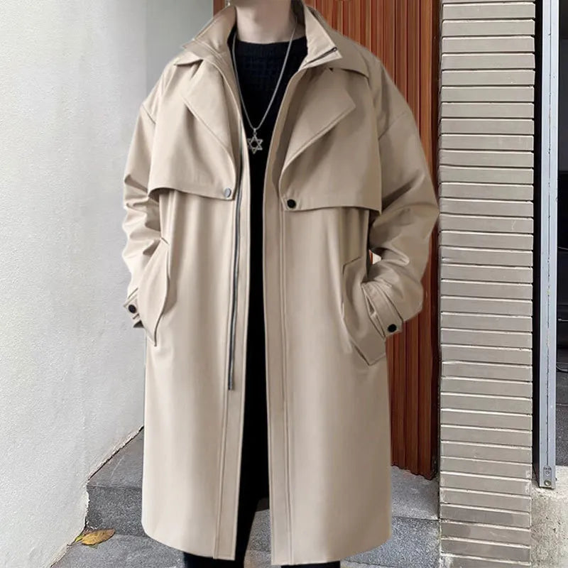 Solid Casual Fall Winter Slim Streetwear Long Trench Coat for Men