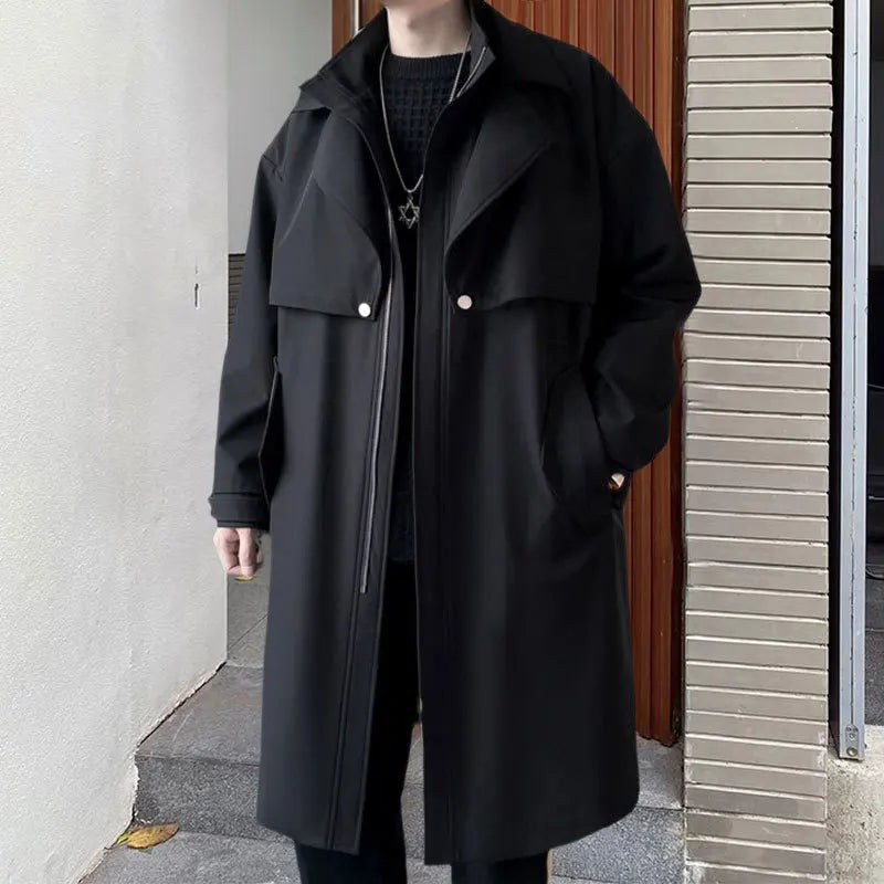 Solid Casual Fall Winter Slim Streetwear Long Trench Coat for Men