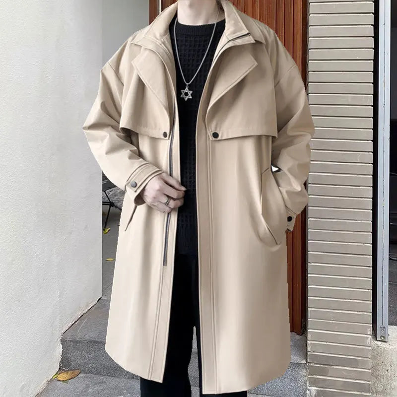 Solid Casual Fall Winter Slim Streetwear Long Trench Coat for Men