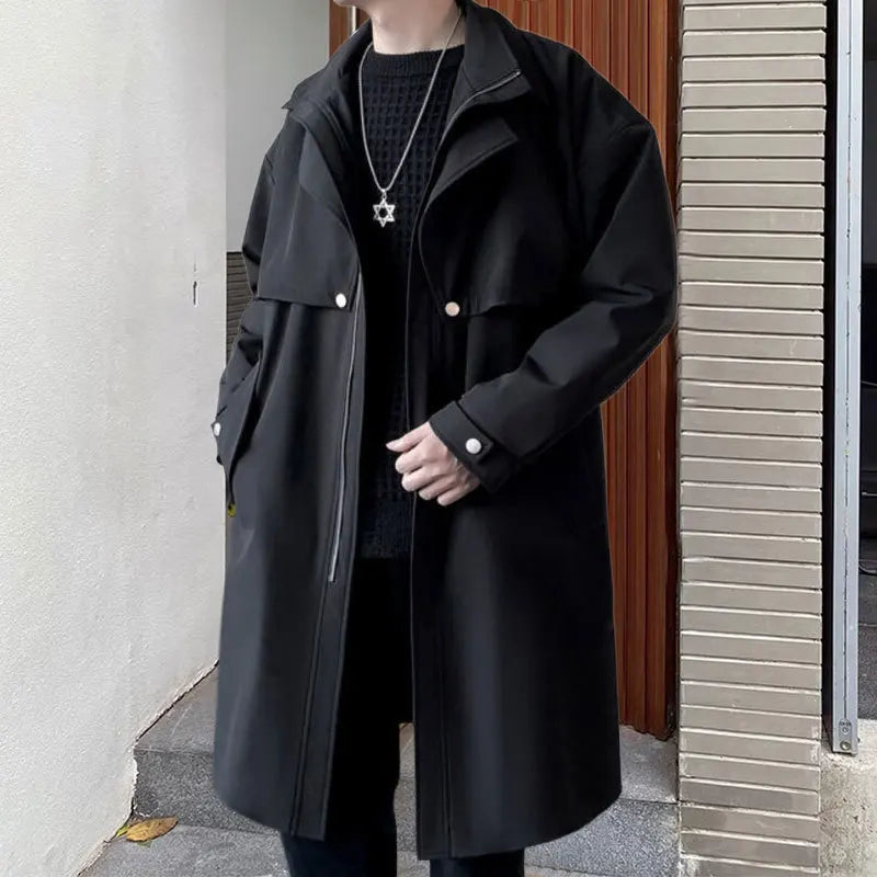 Solid Casual Fall Winter Slim Streetwear Long Trench Coat for Men