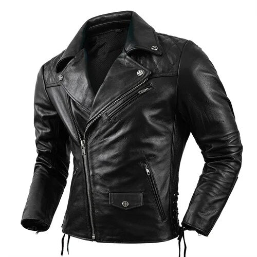 Solid Genuine Leather Adjustable Motorcycle Zipper Jacket for Men