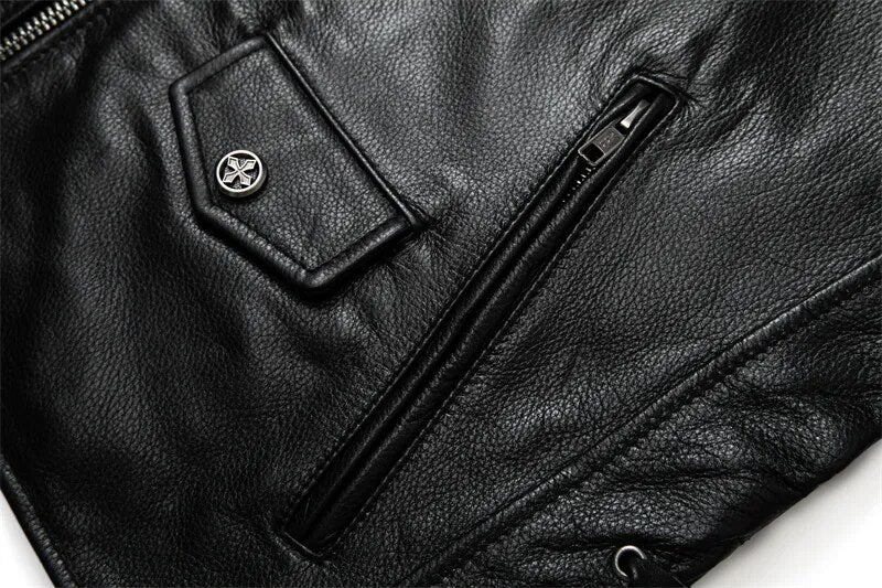 Solid Genuine Leather Adjustable Motorcycle Zipper Jacket for Men