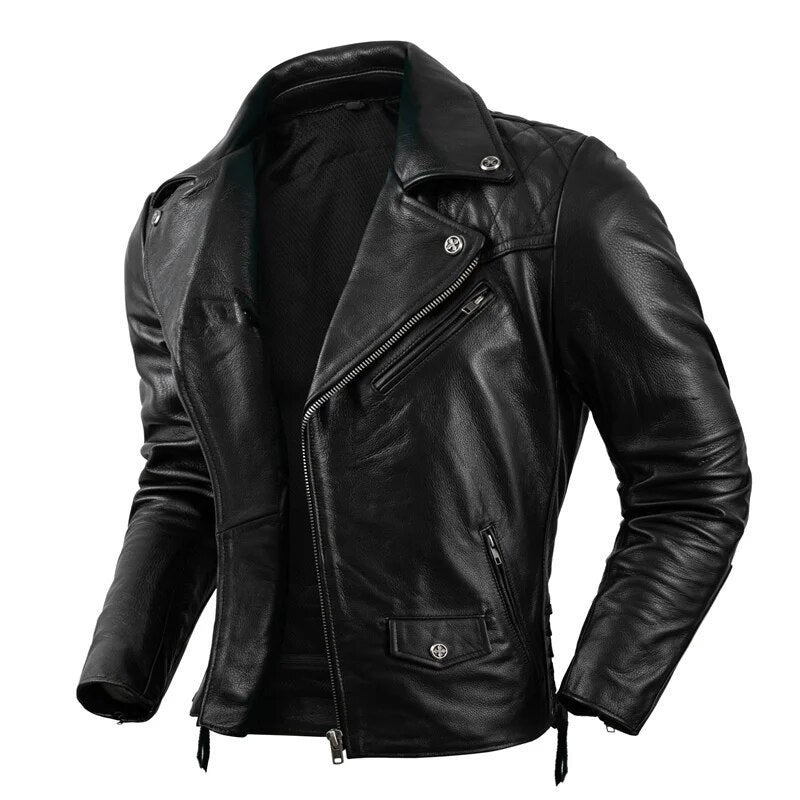 Solid Genuine Leather Adjustable Motorcycle Zipper Jacket for Men