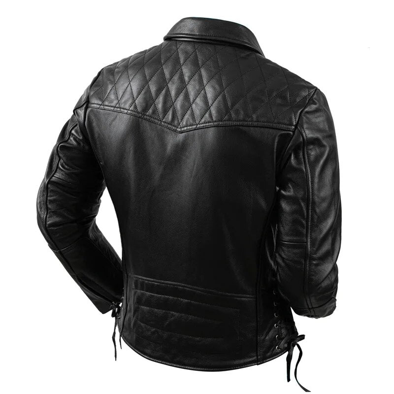 Solid Genuine Leather Adjustable Motorcycle Zipper Jacket for Men