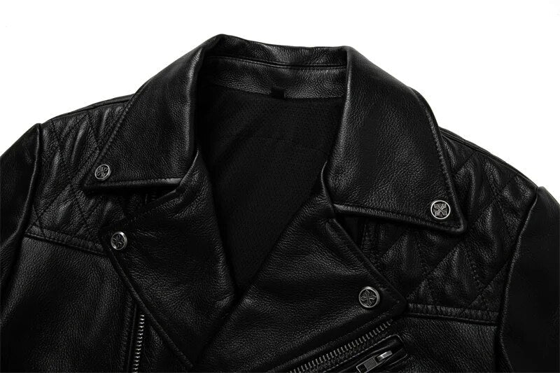 Solid Genuine Leather Adjustable Motorcycle Zipper Jacket for Men