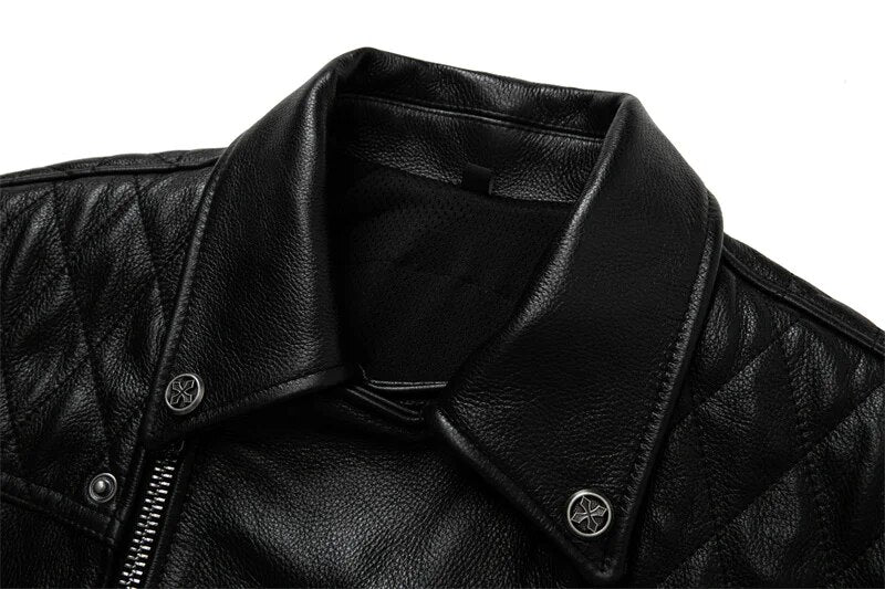 Solid Genuine Leather Adjustable Motorcycle Zipper Jacket for Men