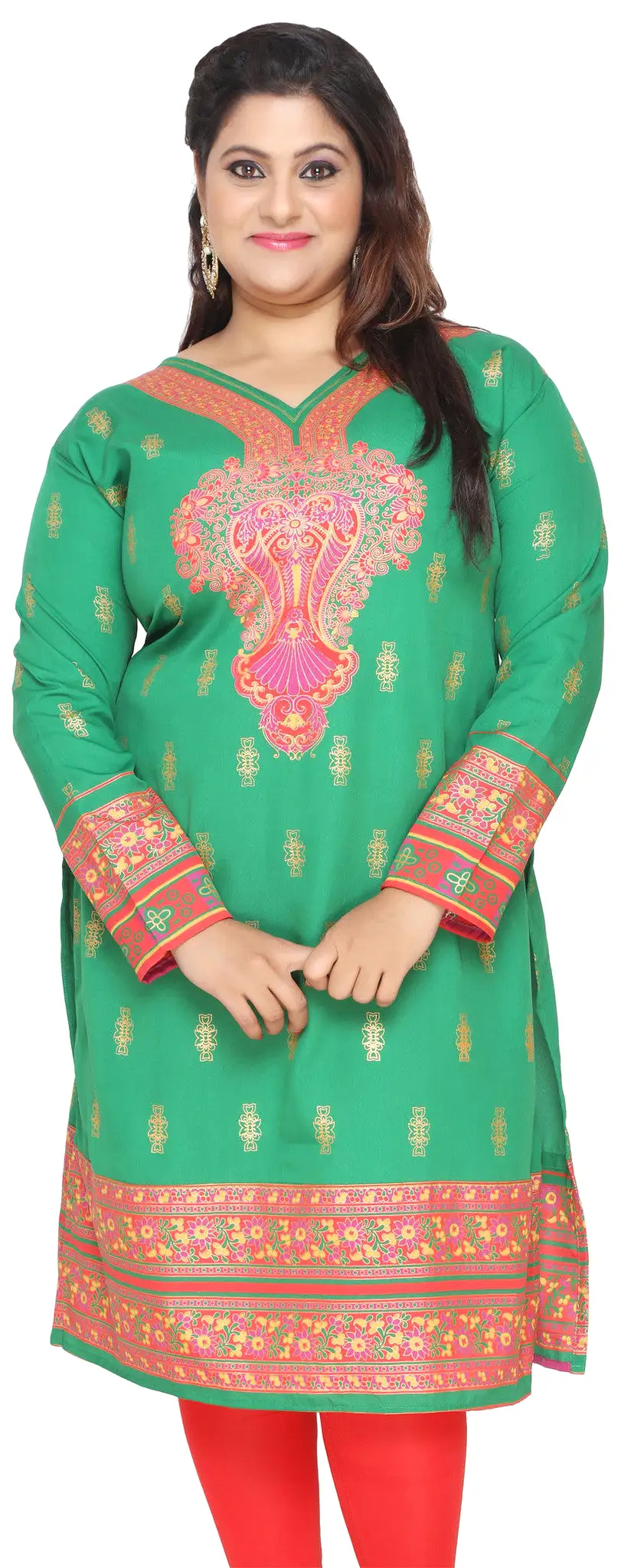 Tunic Long Top Kurti Womens Plus Size Indian Clothes (Green)