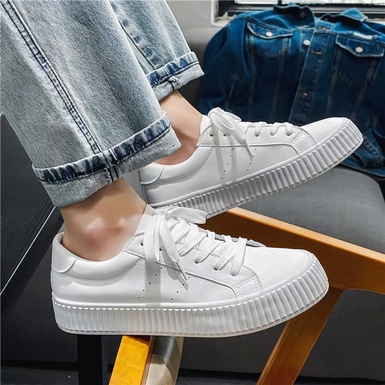 White simple plain casual lace up shoe sneaker