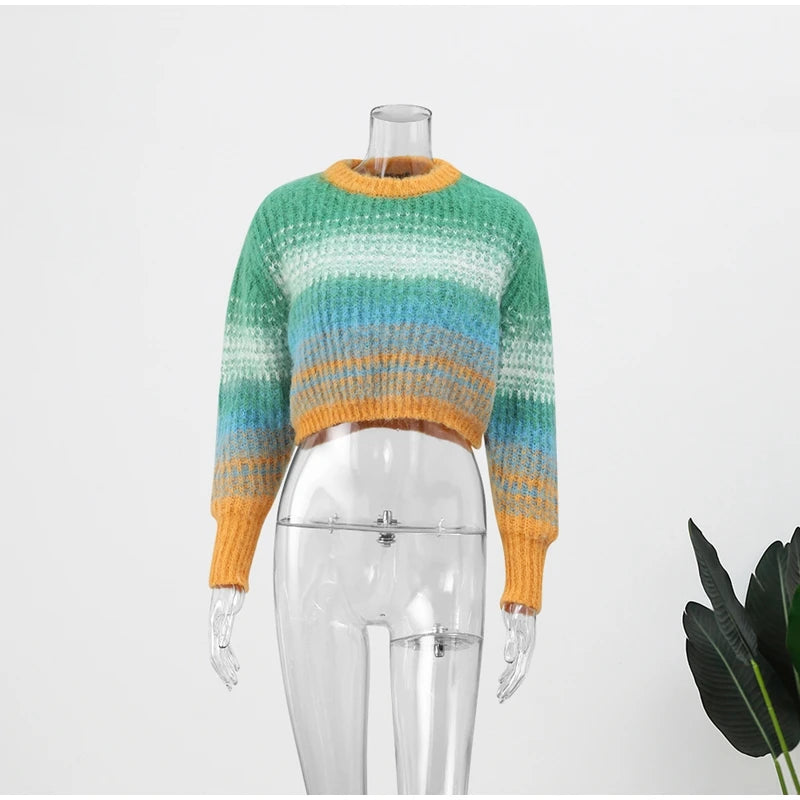 Women Contrast Color Mohair Tie Dye Sweater Loose Long Sleeve Knitted Pullover Tops