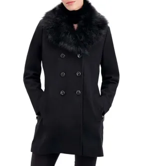 Women’s Faux Fur Trim Black Wool Peacoat