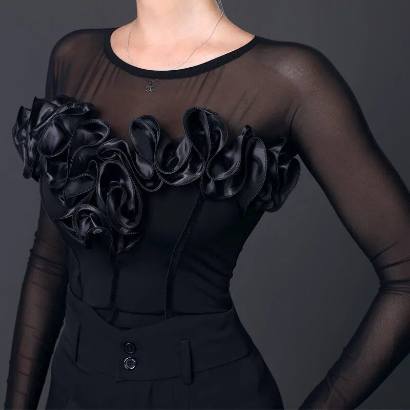 Women's Black Bodysuit Practice Top with Corset Style Waistline, Long Sleeves, 3D Satin Ruffle Detail, and White Flower Buttons 