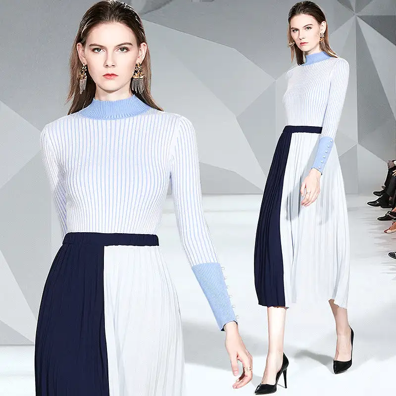 Women’s Casual Autumn Winter Turtleneck Stripe Belt Top And Skirt Dresses CD316