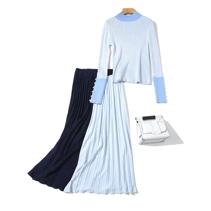 Women’s Casual Autumn Winter Turtleneck Stripe Belt Top And Skirt Dresses CD316