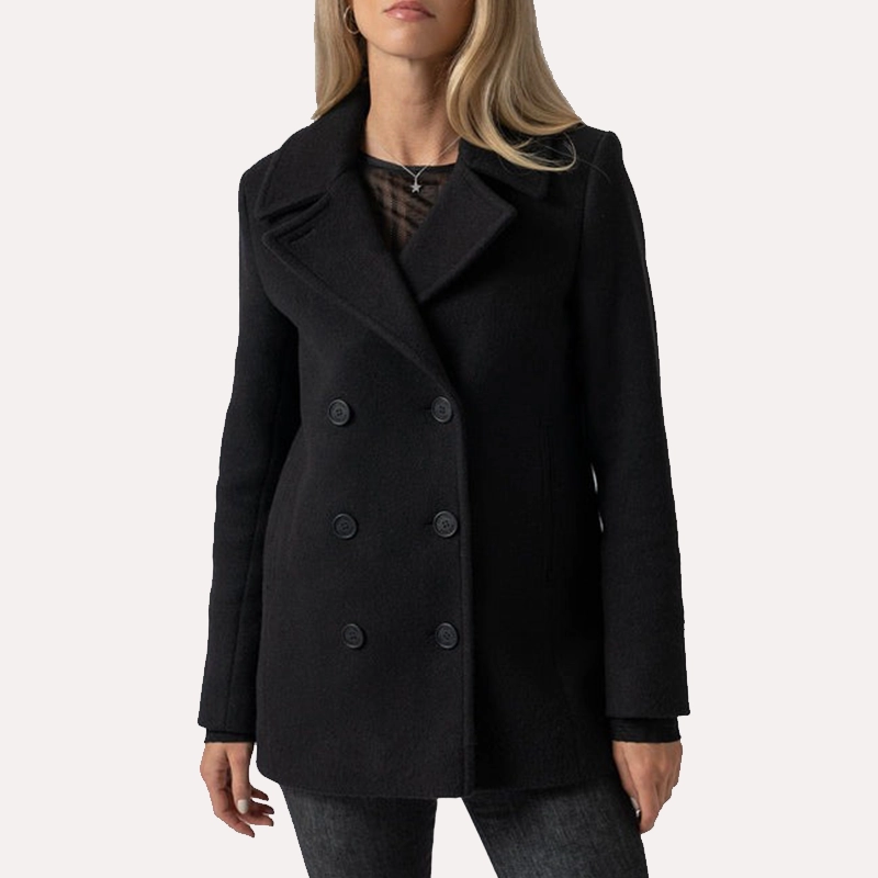 Womens Double Breasted Black Wool Peacoat