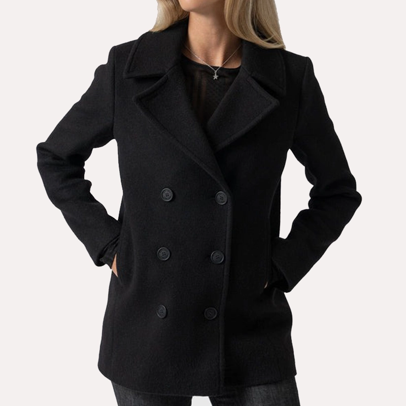 Womens Double Breasted Black Wool Peacoat