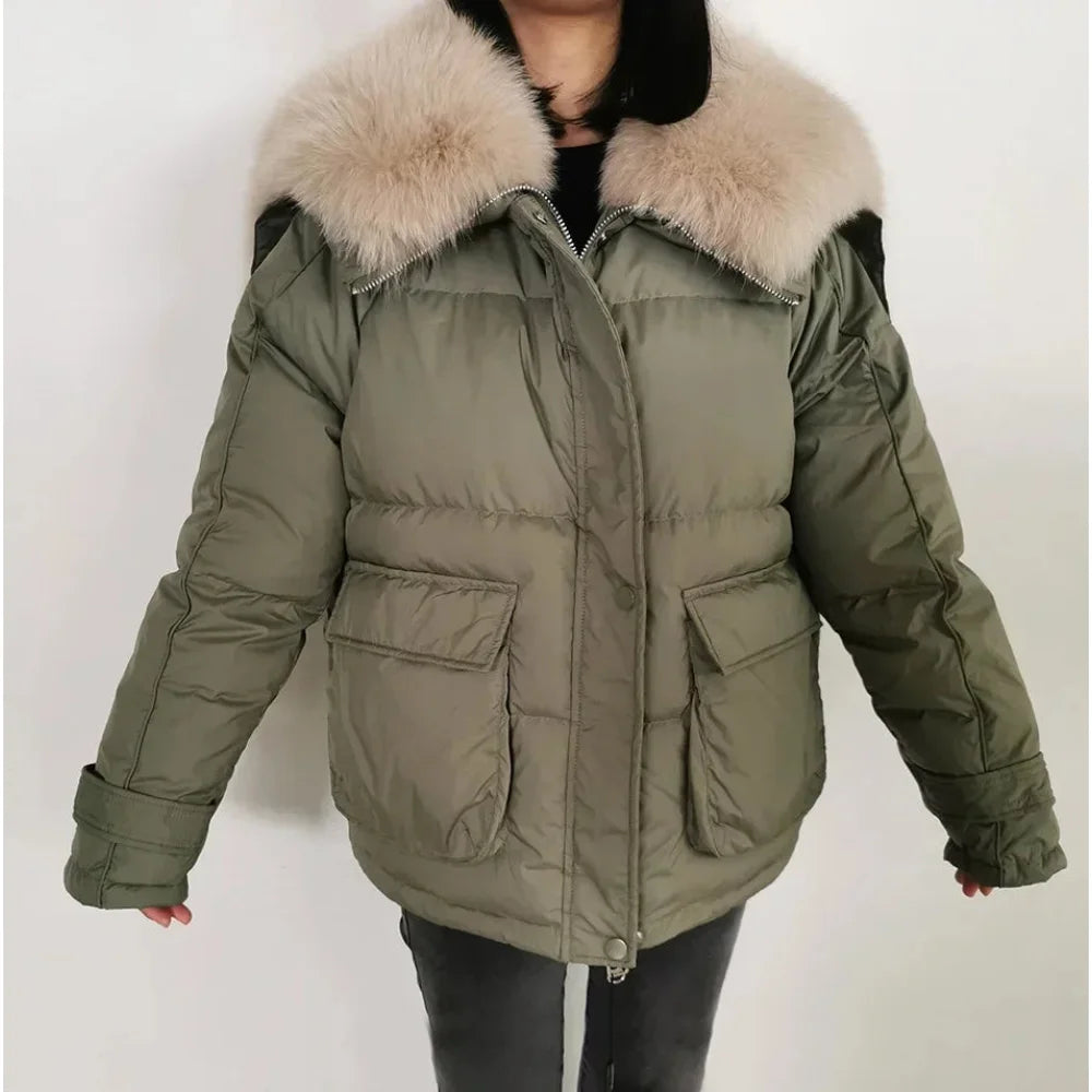 Women's Loose Detachable Fur Collar Winter Luxury Hooded Puffer Jacket