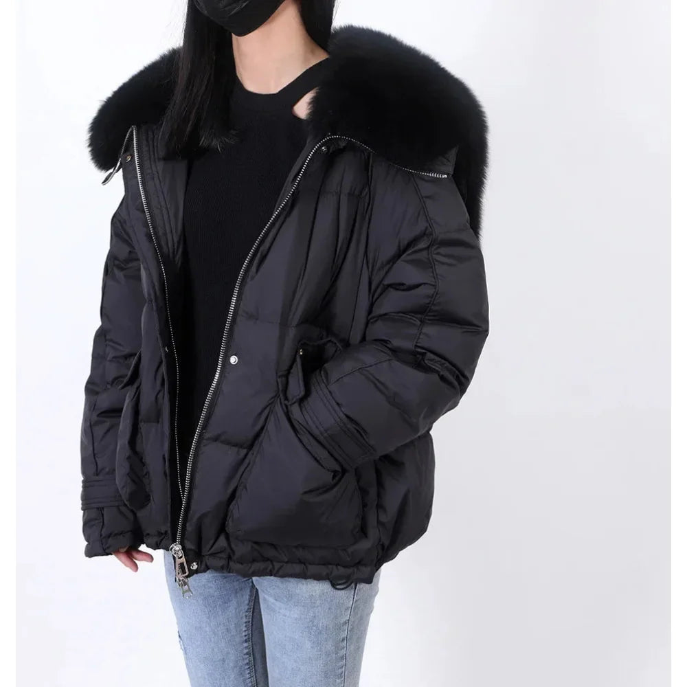 Women's Loose Detachable Fur Collar Winter Luxury Hooded Puffer Jacket