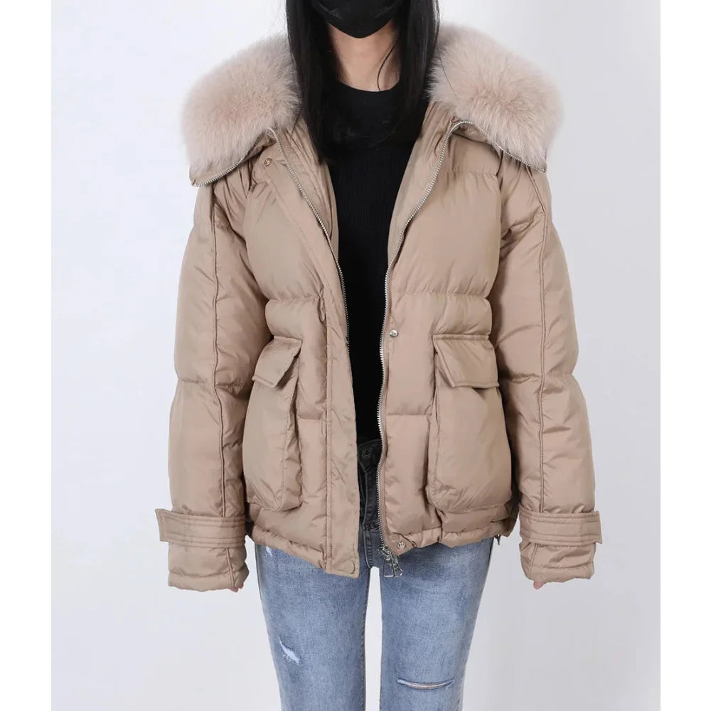 Women's Loose Detachable Fur Collar Winter Luxury Hooded Puffer Jacket